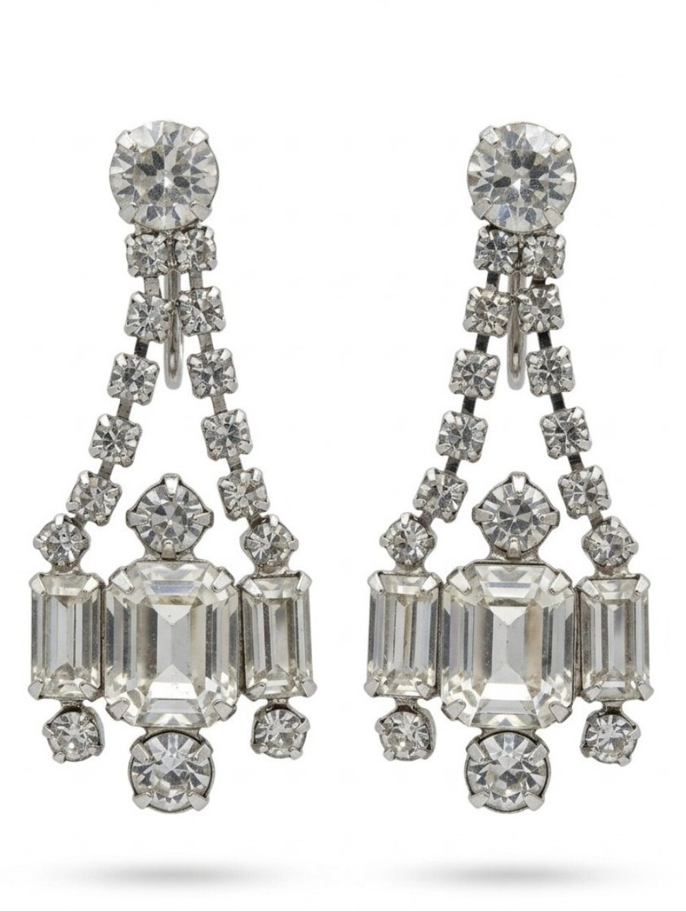 Vtg Silver Tone Chandelier Earrings With Clear Round & Baguette Rhinestones